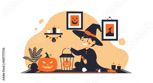 Happy Little Sorcerer Getting Ready For Trick Or Treat Spooky Halloween Party