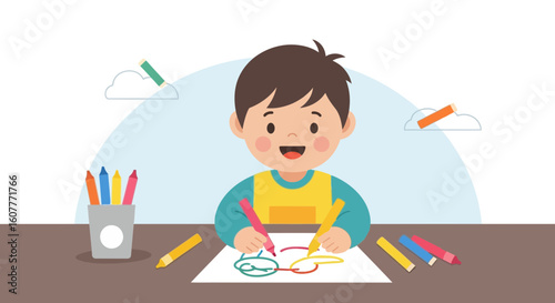 Joyful Young Artist Coloring With Vibrant Crayons at the Desk Creation