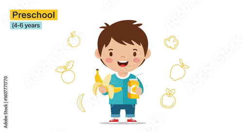 Joyful Young Boy Enjoying Healthy Snack And Juice Between The Meals