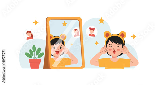 Girl Makes Funny Faces in Front of Mirror with Various Social Media Profiles