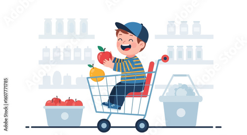 Joyful Young Boy Enjoying Shopping in Grocery Store Aisle