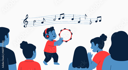 Joyful Young Boy Plays Tambourine For Cheering Onlookers In Musical Illustration
