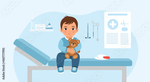 Little Boy At The Doctor Appointment With Teddy Bear In Hand