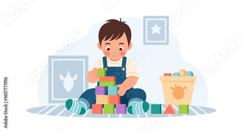 Little Boy Building Colorful Blocks Developing Educational Skills At Home