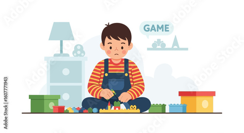 Little Boy Concentrating Building Something With Plastic Bricks In His Room