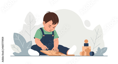 Little Boy Concentrating And Playing With Wooden Puzzle Toy At Home