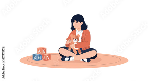 Girl Sitting on Carpet with Teddy Bear and Alphabet Blocks Illustration