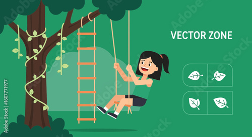 Girl Swinging On A Rope Swing In A Green Park In Summer Day