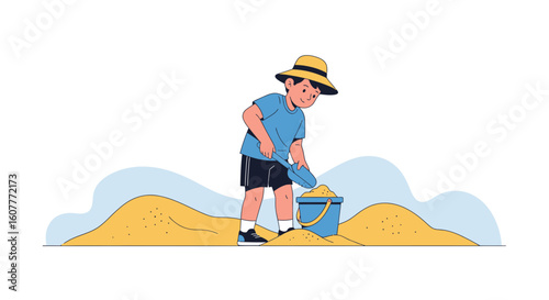 Little Boy Having Fun Building Sandcastle At Beach In Summer Season