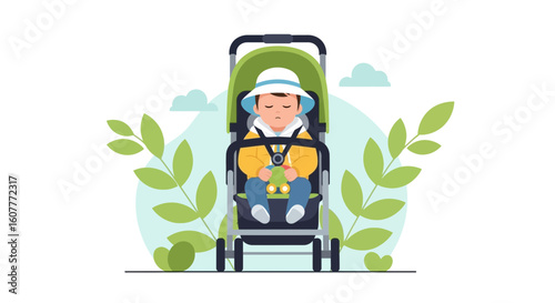 Little Boy Is Sleeping Peacefully In A Stroller In A Beautiful Landscape