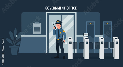 Government Building Entrance With Security Guard And Automated Gates Vector Illustration