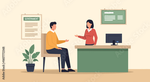 Government Consultation Illustration With Citizen Receiving Services At The Office