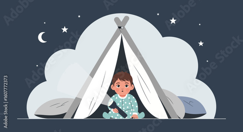 Little Boy Play Camping With Flashlight Under Tent At Night With Star
