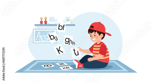 Happy Young Boy Plays with Alphabet Flashcards in a Bright Room Setting