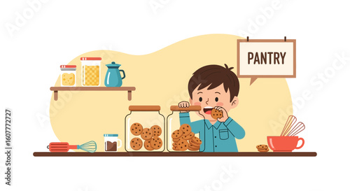 Little Boy Snacking On Cookies In The Pantry At Home Illustration