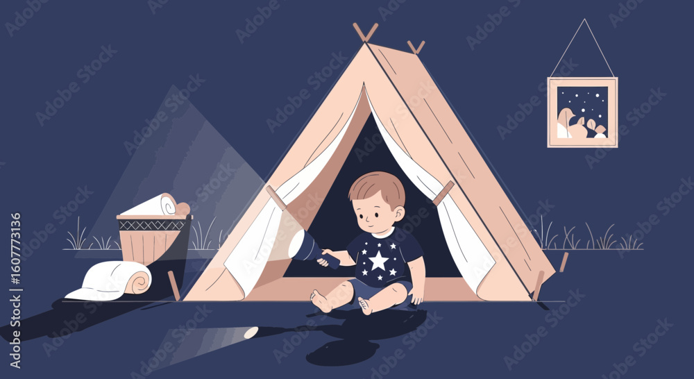 Fototapeta premium Little Explorer With Flashlight Camping In Home Made Tent Indoors