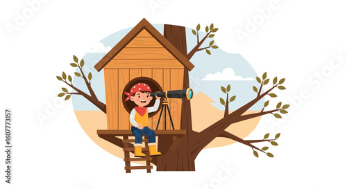 Little Explorer Sits In Treehouse Looking Through Telescope On Adventure