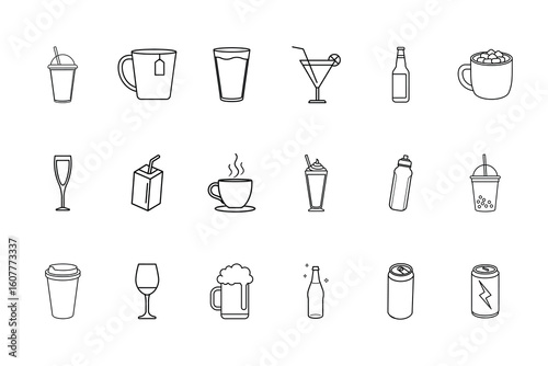 Collection line art icons representing various beverages drinks vector
