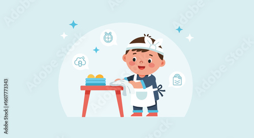 Happy Youngster Doing Chores Wiping Surface Inside A Brightly Lit Room