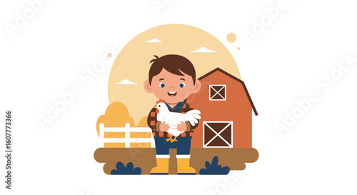 Little Farmer Holding White Chicken In Front Of Barn At Sunset