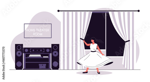 Graceful Woman Opens Curtains to Evening Light in Home Theater Setting