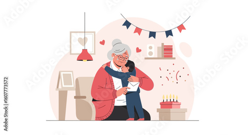Heartwarming Birthday Celebration: Grandmother Receiving a Loving Embrace From Grandson
