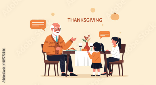 Grandfather Telling Stories To His Granddaughters On Thanksgiving Dinner Table