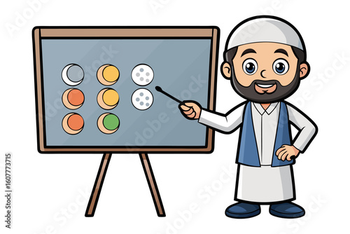 A muslim man dressed in traditional attire writes asmaul husna the beautiful names of allah on a decorated board