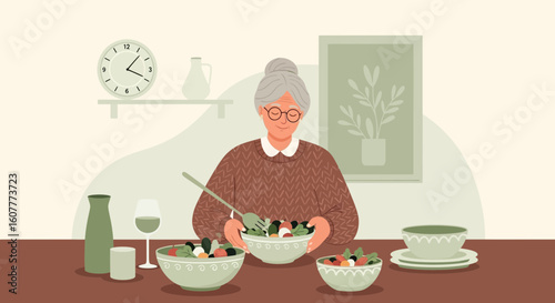 Grandma Prepare Delicious Healthy Salads At Home For Her And Her Family