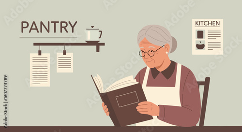 Grandma Reading Cookbook In Kitchen Seeking Classic Family Recipe