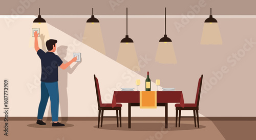 Illustration Of A Man Turning On Lights In A Dining Area