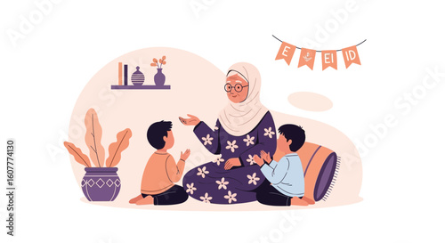 Grandmother Tells Eid Stories To Her Grandchildren Festive Holiday Occasion