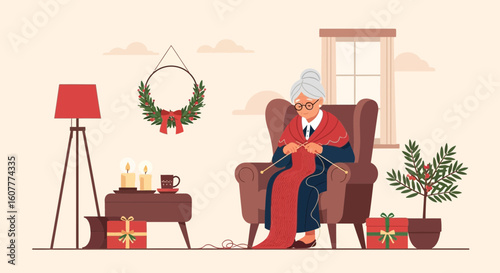 Granny Knitting A Christmas Scarf In A Cozy Living Room Illustration