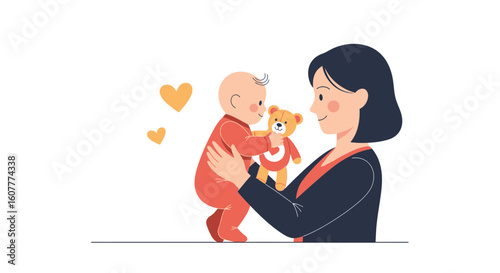Loving Mother Holds Her Baby Tenderly While Playing With a Teddy Bear