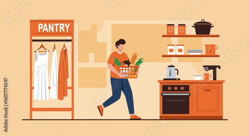 Groceries Delivery, Guy in Motion Carrying Basket with Foodstuff at Home