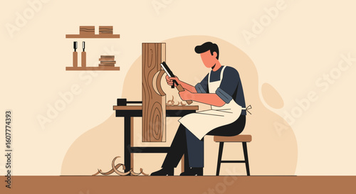 Illustrative Image Of Wood Carver In Apron Shaping Wood with Sharp Tool