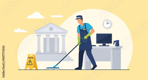 Illustrative Presentation Of A Cleaning Service Within A Corporate Environment