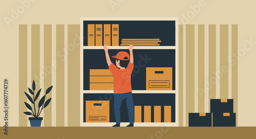 Illustrative Scene Of A Person Reaching For Items In A Storage Facility