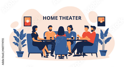 Group Of Friends Enjoying Coffee And Conversation In A Cozy Home Theater