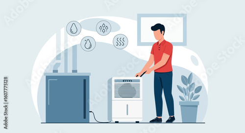 Man Adjusting The Settings Of A Portable Home Air Dehumidifier Machine