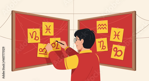 Man Analyzing Zodiac Signs on Boards for Horoscopes or Astrology Concept
