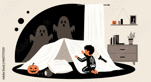 Halloween Adventures Boy In Skeleton Costume With Flashlight Playing Tent At Home