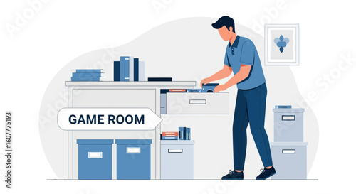 Man Arranging Clutter In Game Room Drawer For Leisure And Entertainment