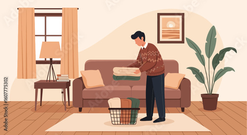 Man Arranging Folded Blankets On Couch In Living Room Cozy Atmosphere