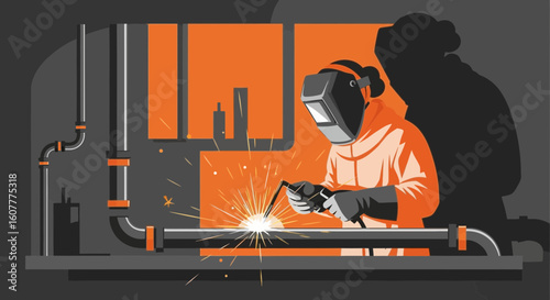 Industrial Welder In Protective Gear Repairing Pipeline Structures With Intense Sparks