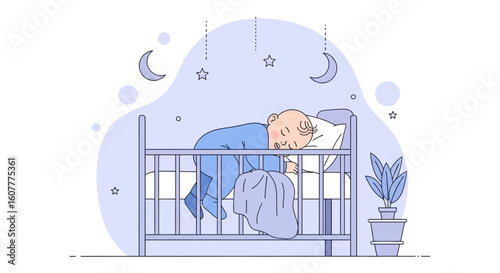 Infant Asleep Peacefully In Crib Under Moon And Stars In Dreamy Illustration