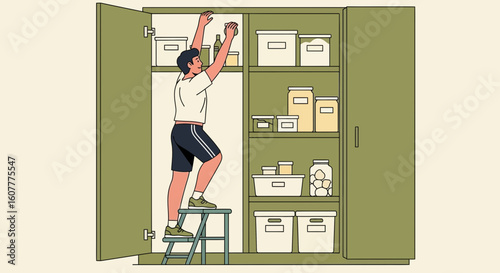 Man Arranging Items In Pantry On Step Stool Seeking For Ingredients