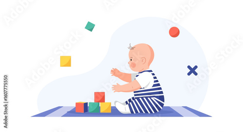 Infant Development Milestone Little Boy And Colorful Blocks Learning Process