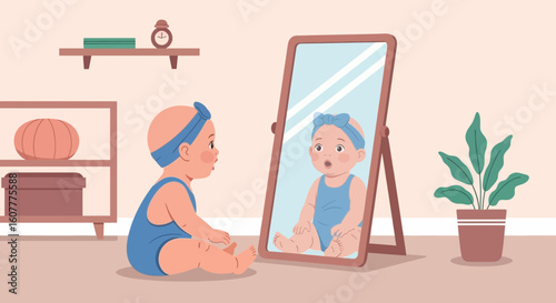 Infant Discovers Identity Through Mirror Reflection In Playroom
