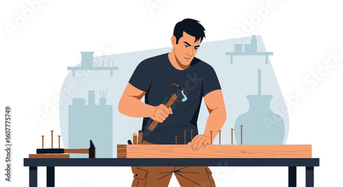 Man At Work Hammering Nails Into Wood In A Carpentry Workshop